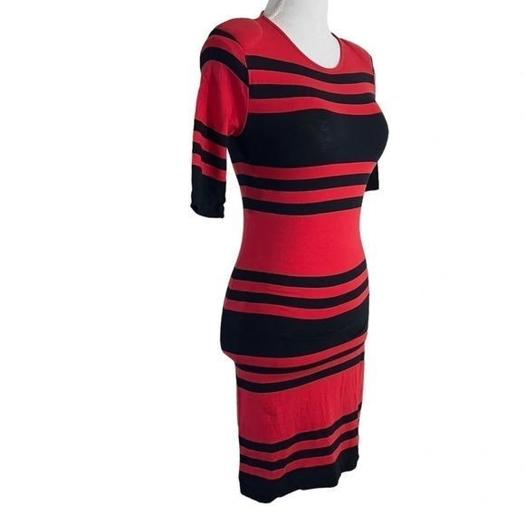 French Connection Black and Red Striped Bodycon Stretch Dress Size 4 Keyhole - Picture 3 of 8